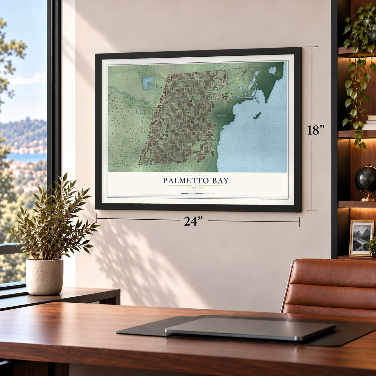 Palmetto Bay, Florida map, 18 x 24 inch print in a black frame in a home office