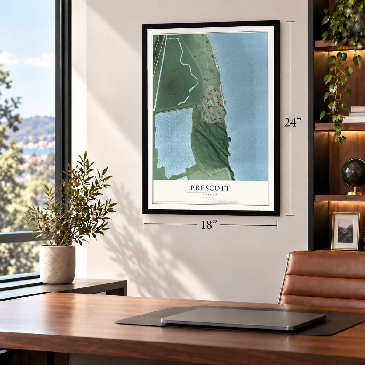 Prescott, Oregon map, 18 x 24 inch print in a black frame in a home office