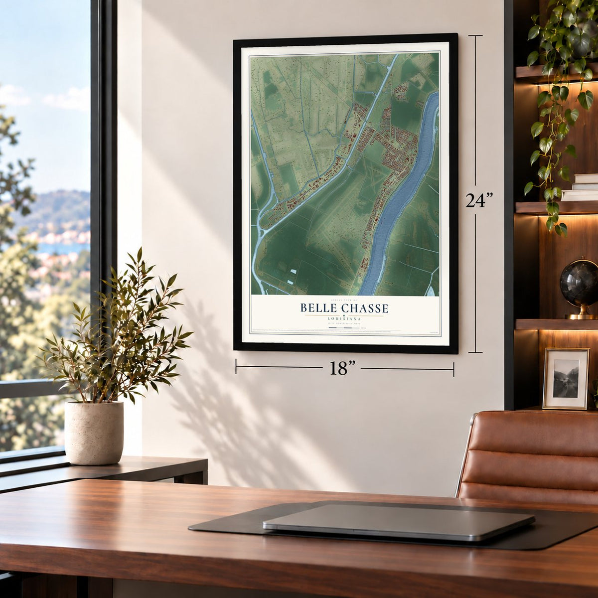 Belle Chasse, Louisiana map, 18 x 24 inch print in a black frame in a home office