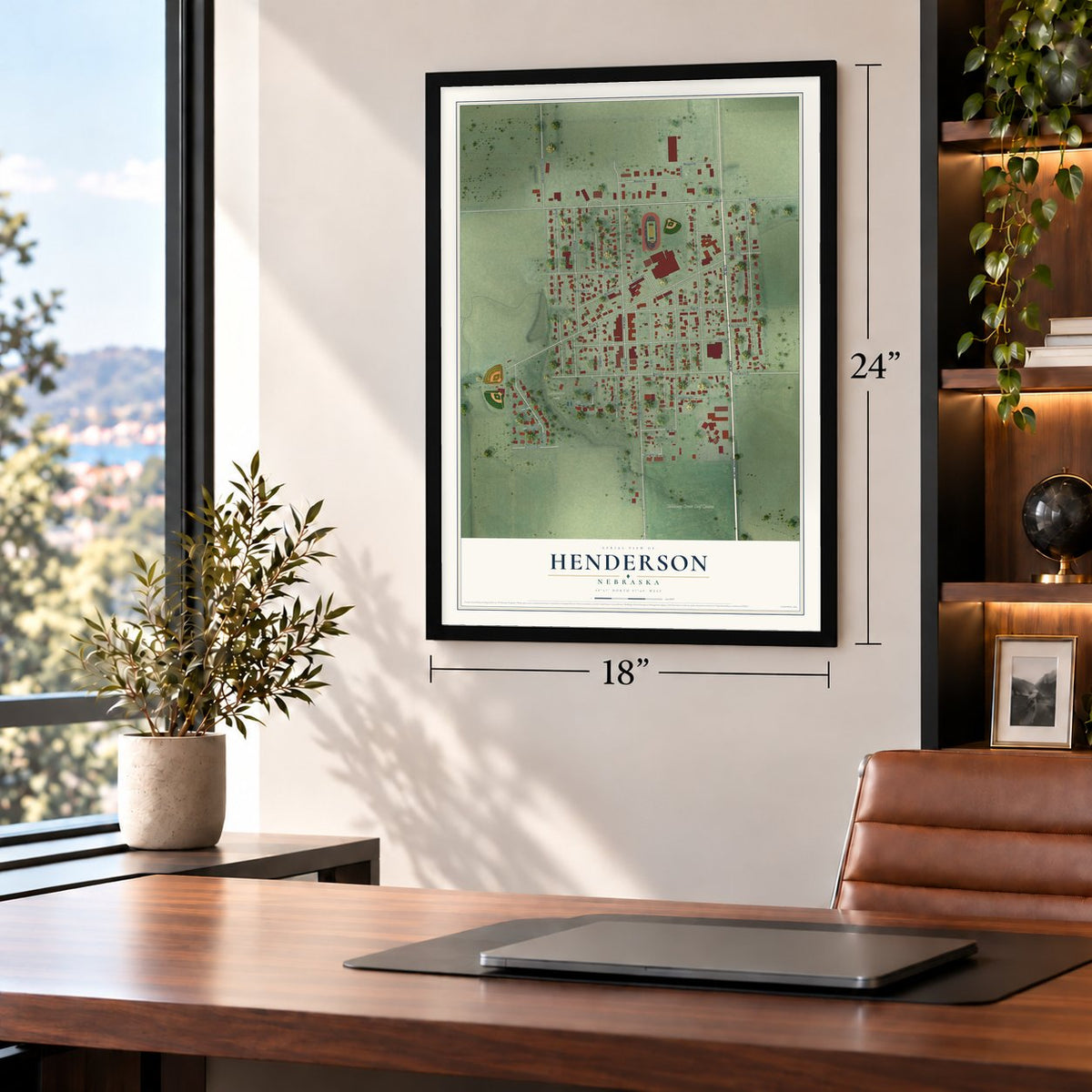 Henderson, Nebraska map, 18 x 24 inch print in a black frame in a home office
