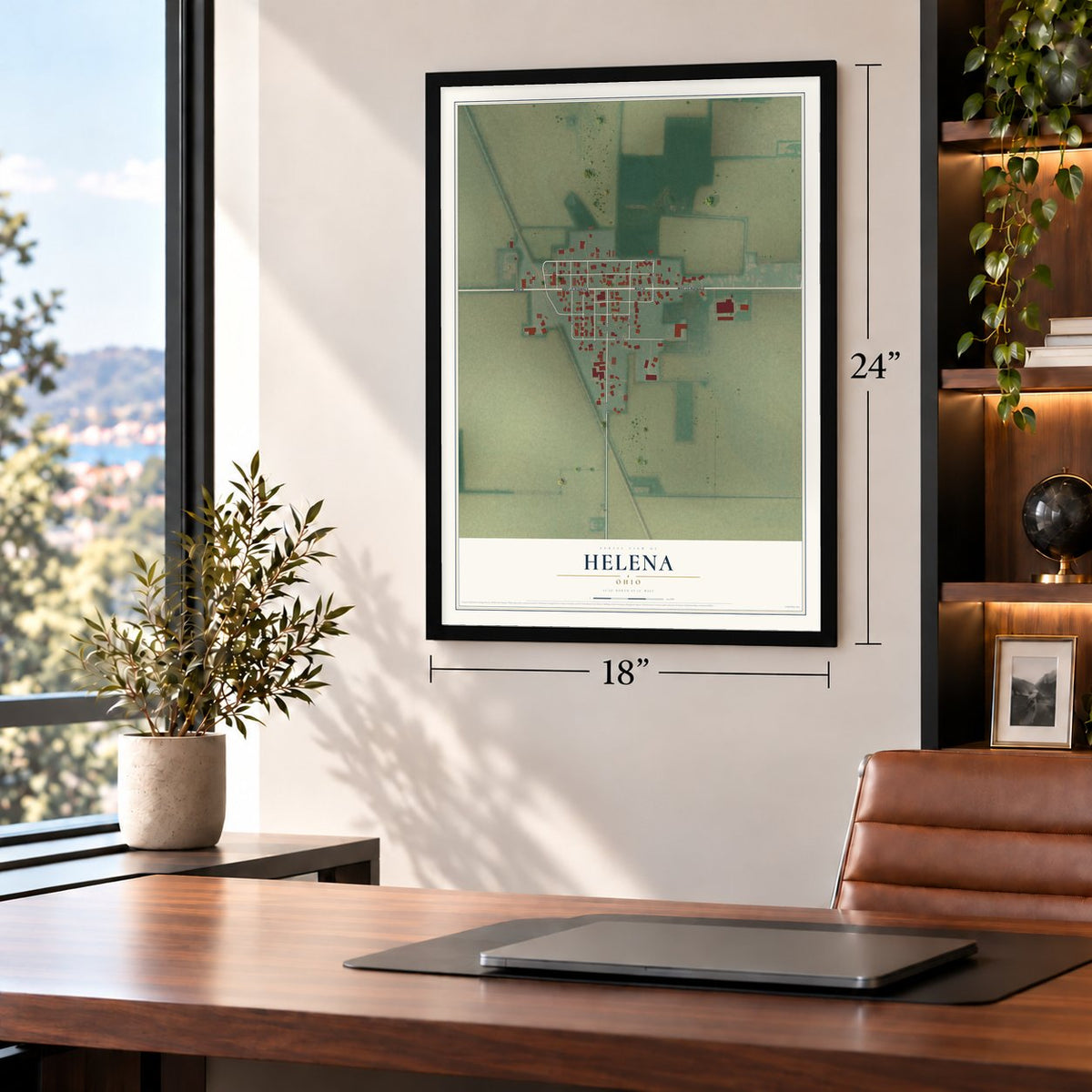 Helena, Ohio map, 18 x 24 inch print in a black frame in a home office