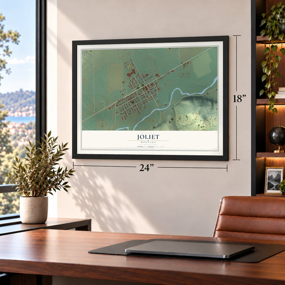 Joliet, Montana map, 18 x 24 inch print in a black frame in a home office
