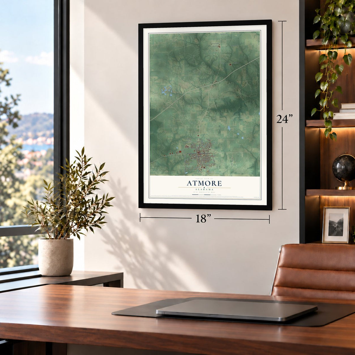 Atmore, Alabama map, 18 x 24 inch print in a black frame in a home office