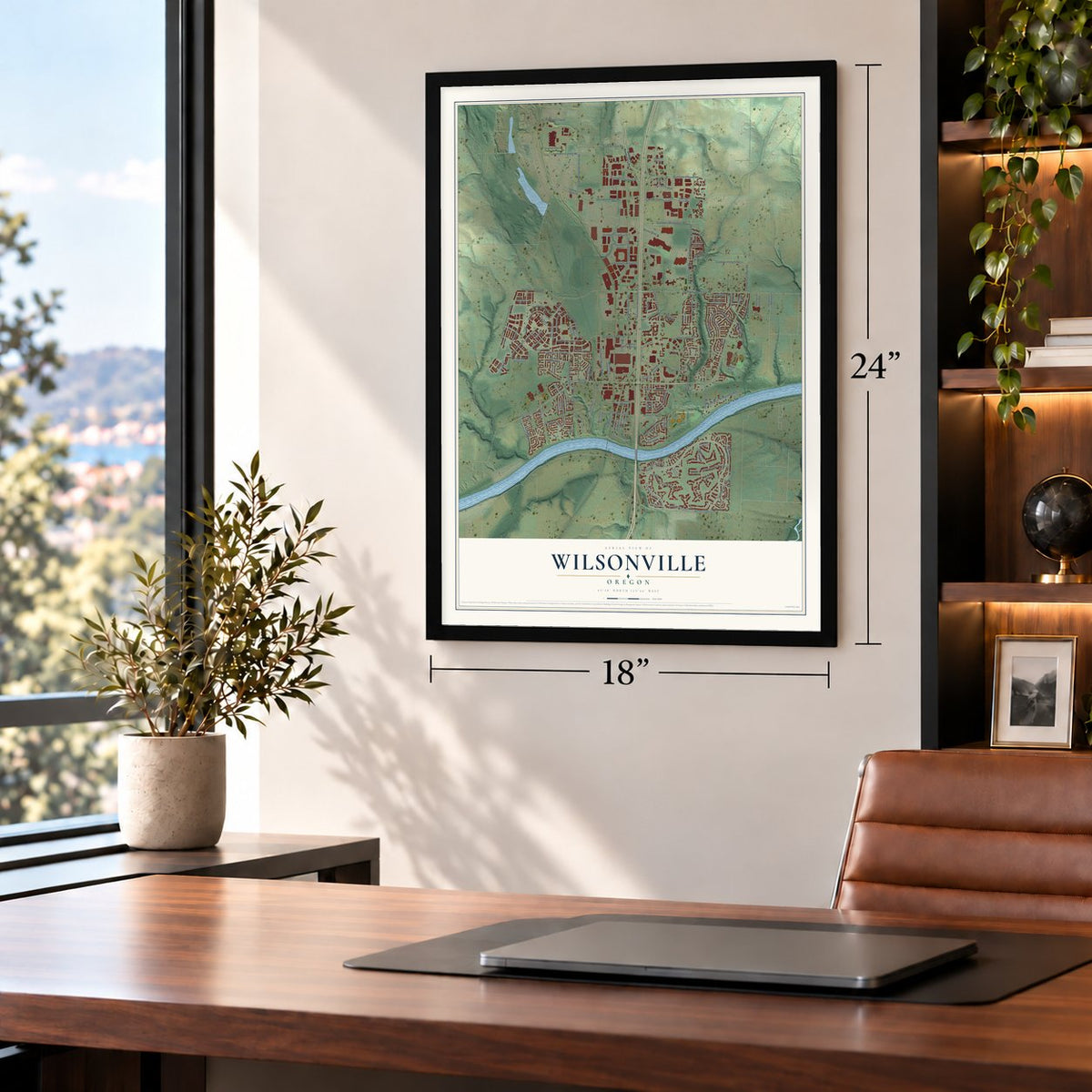 Wilsonville, Oregon map, 18 x 24 inch print in a black frame in a home office
