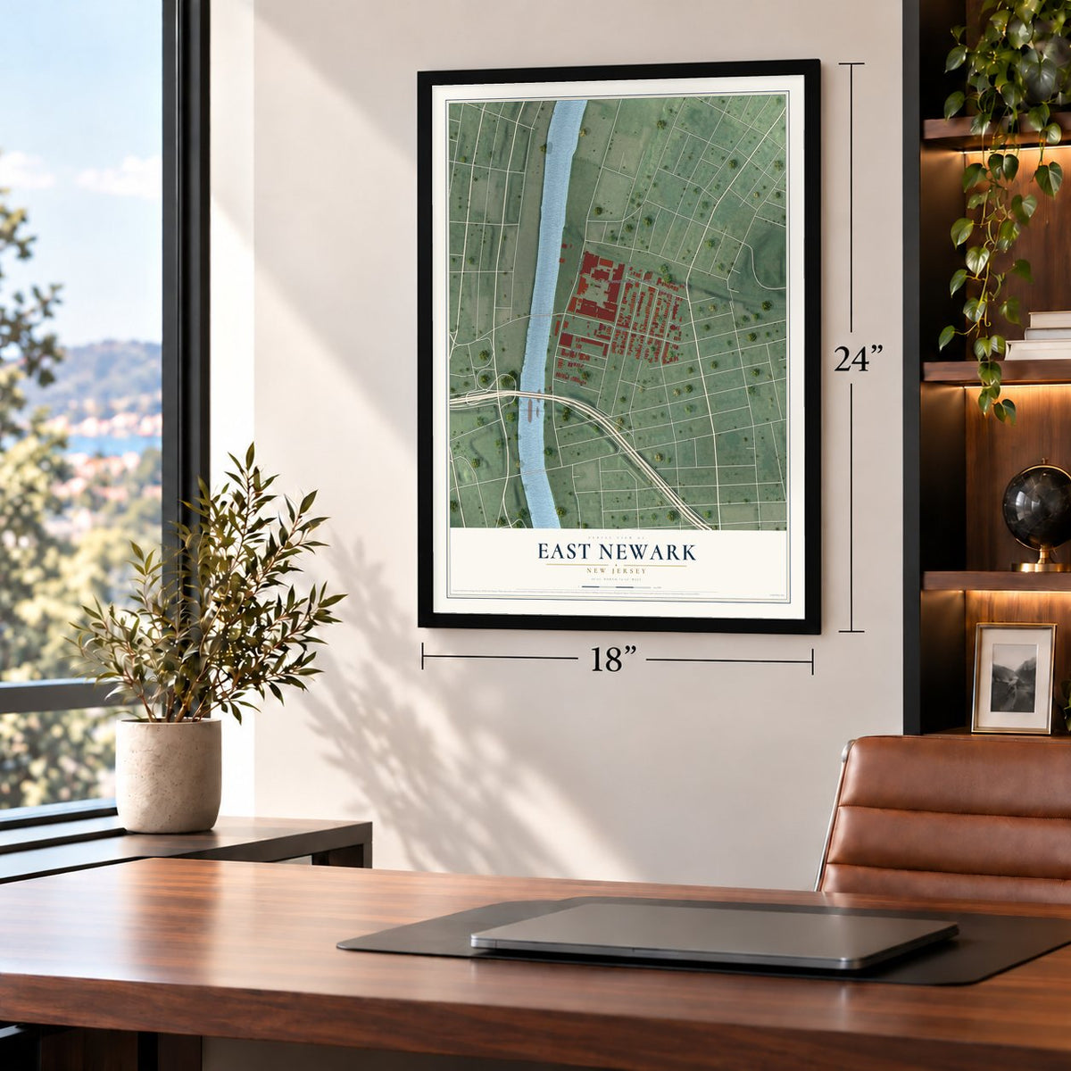 East Newark, New Jersey map, 18 x 24 inch print in a black frame in a home office