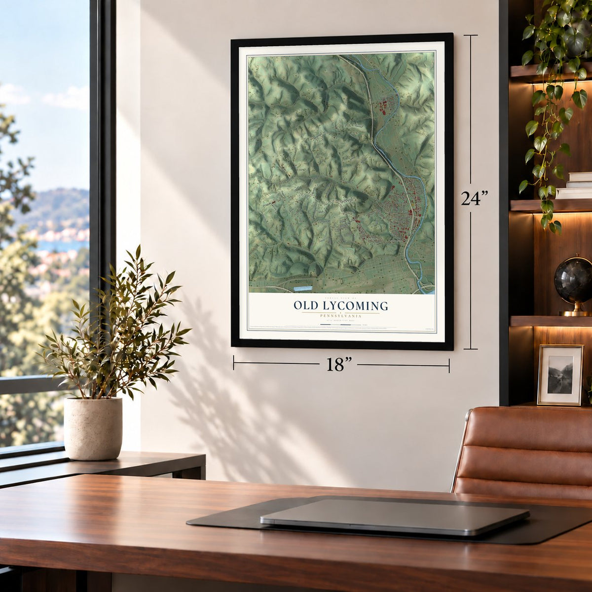 Old Lycoming, Pennsylvania map, 18 x 24 inch print in a black frame in a home office