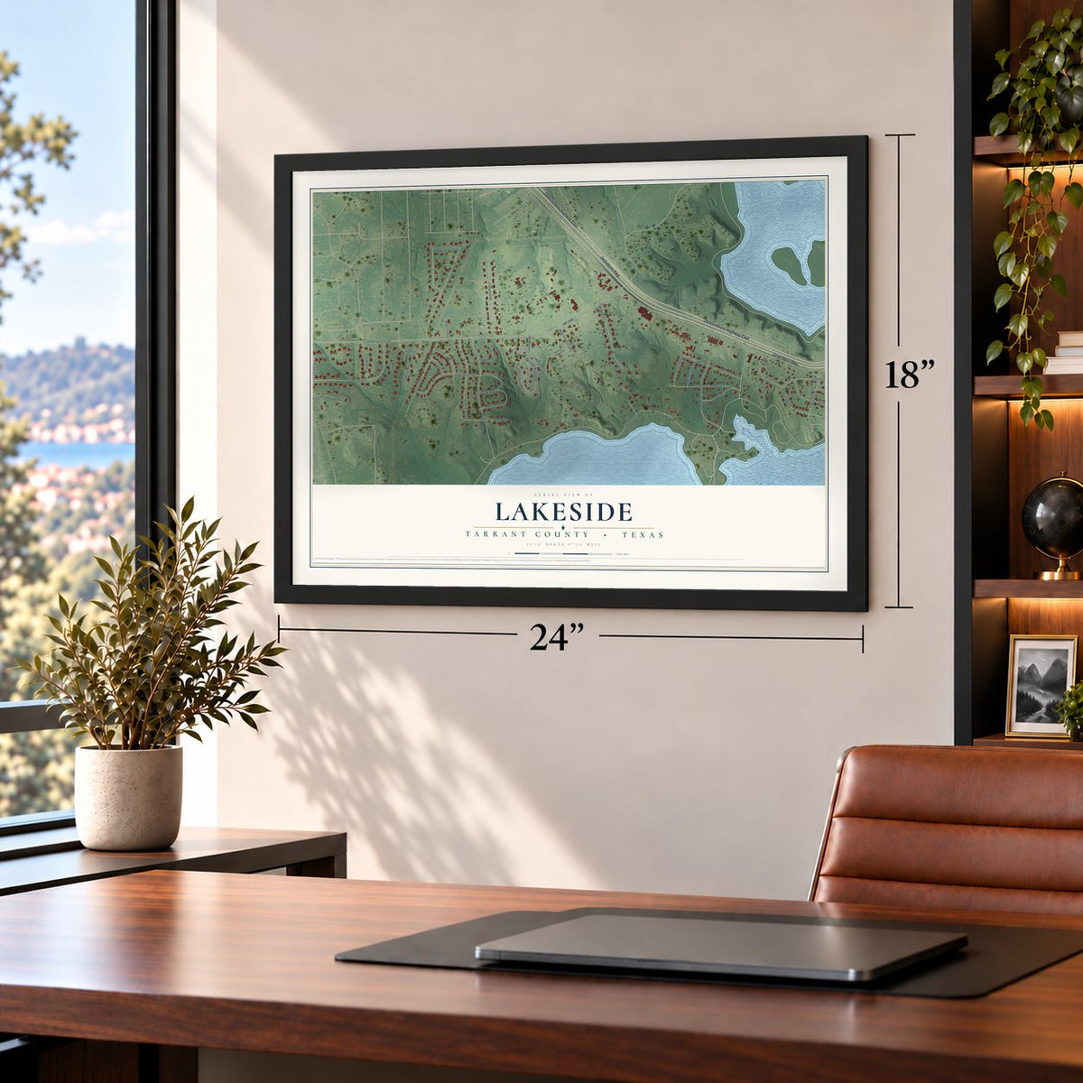 Lakeside, Tarrant County, Texas map, 18 x 24 inch print in a black frame in a home office