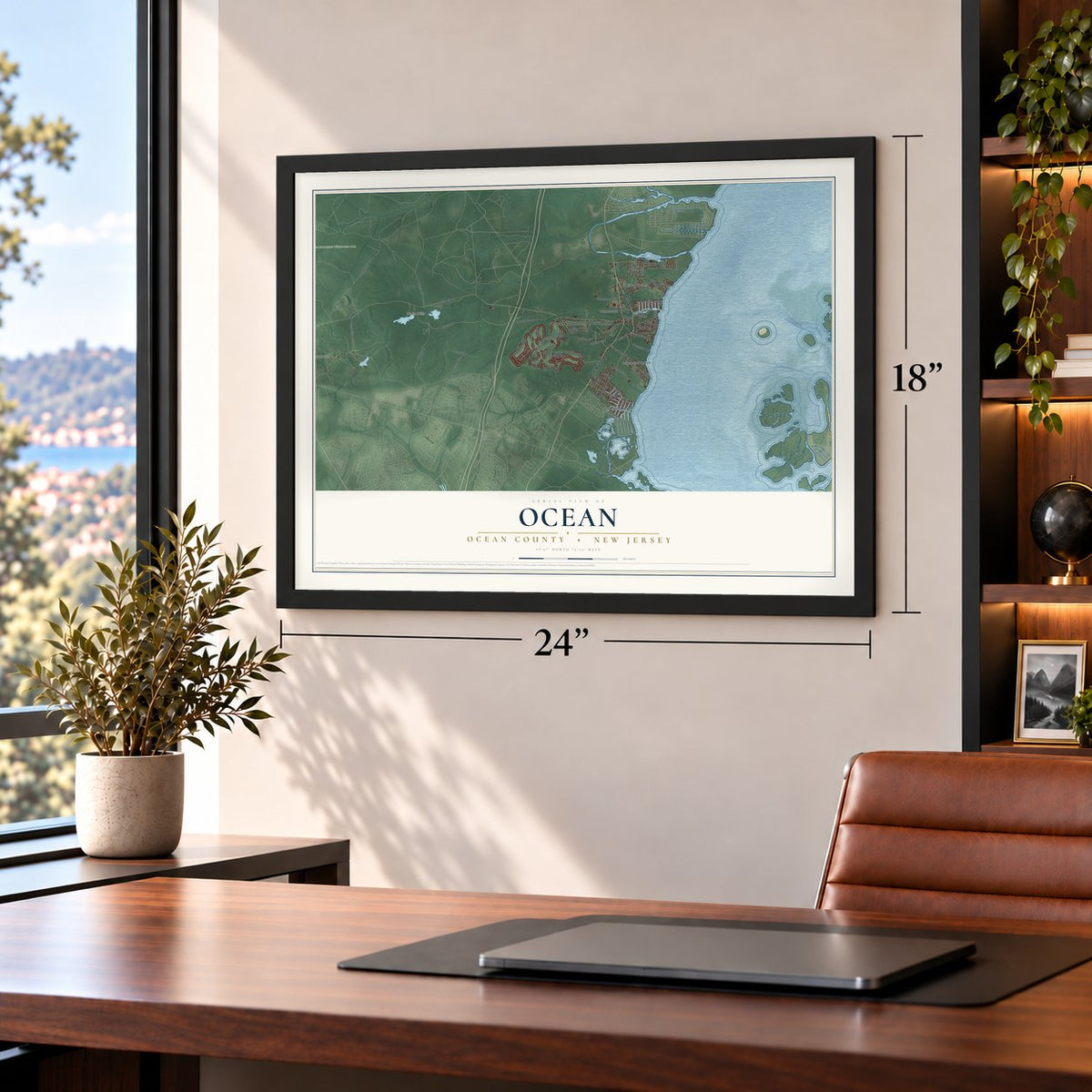 Ocean, Ocean County, New Jersey map, 18 x 24 inch print in a black frame in a home office