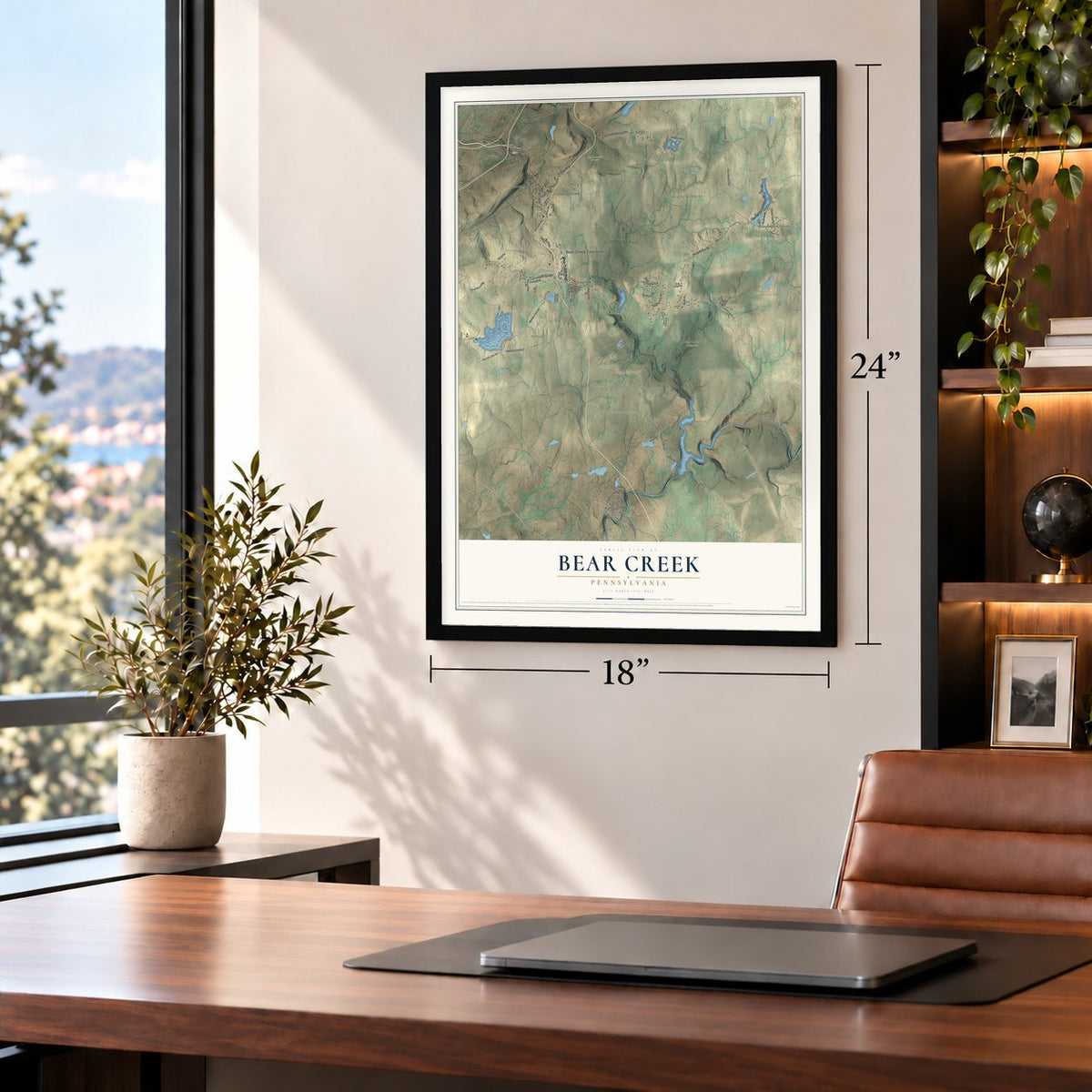 Bear Creek, Pennsylvania map, 18 x 24 inch print in a black frame in a home office
