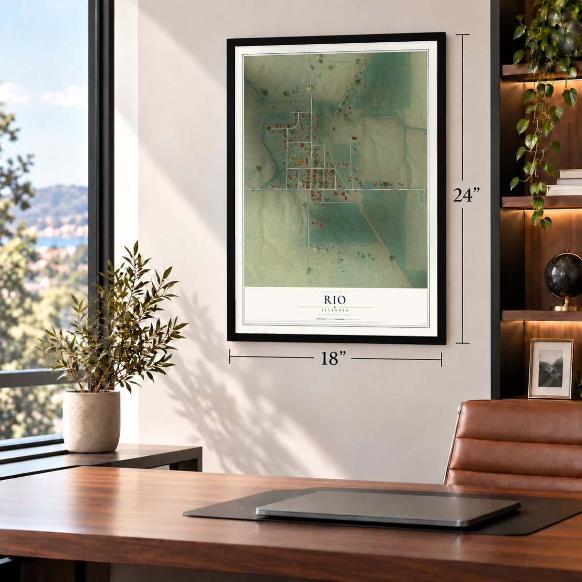Rio, Illinois map, 18 x 24 inch print in a black frame in a home office