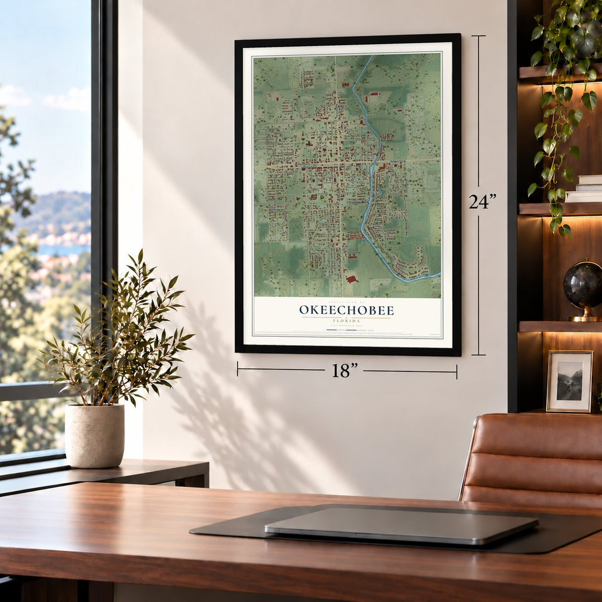 Okeechobee, Florida map, 18 x 24 inch print in a black frame in a home office