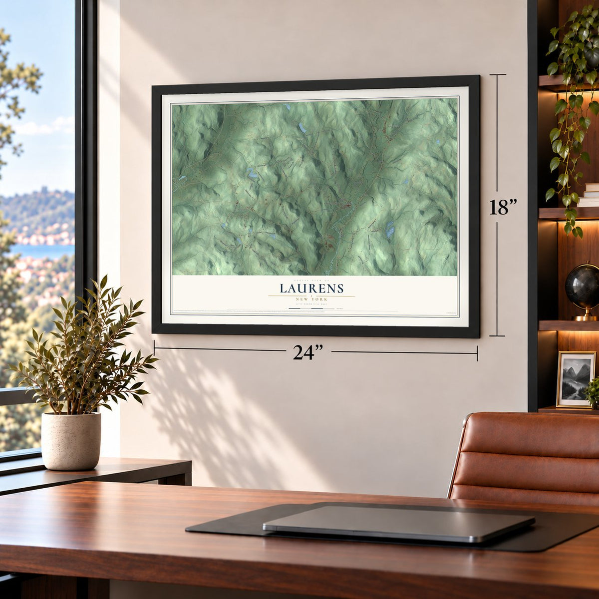 Laurens, New York map, 18 x 24 inch print in a black frame in a home office