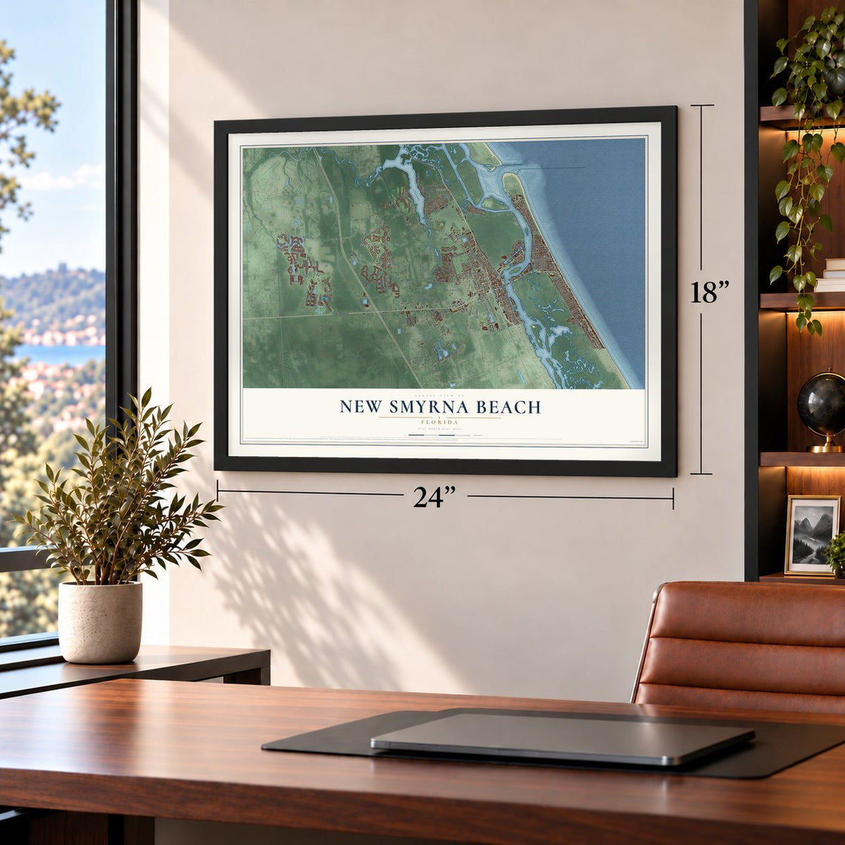 New Smyrna Beach, Florida map, 18 x 24 inch print in a black frame in a home office