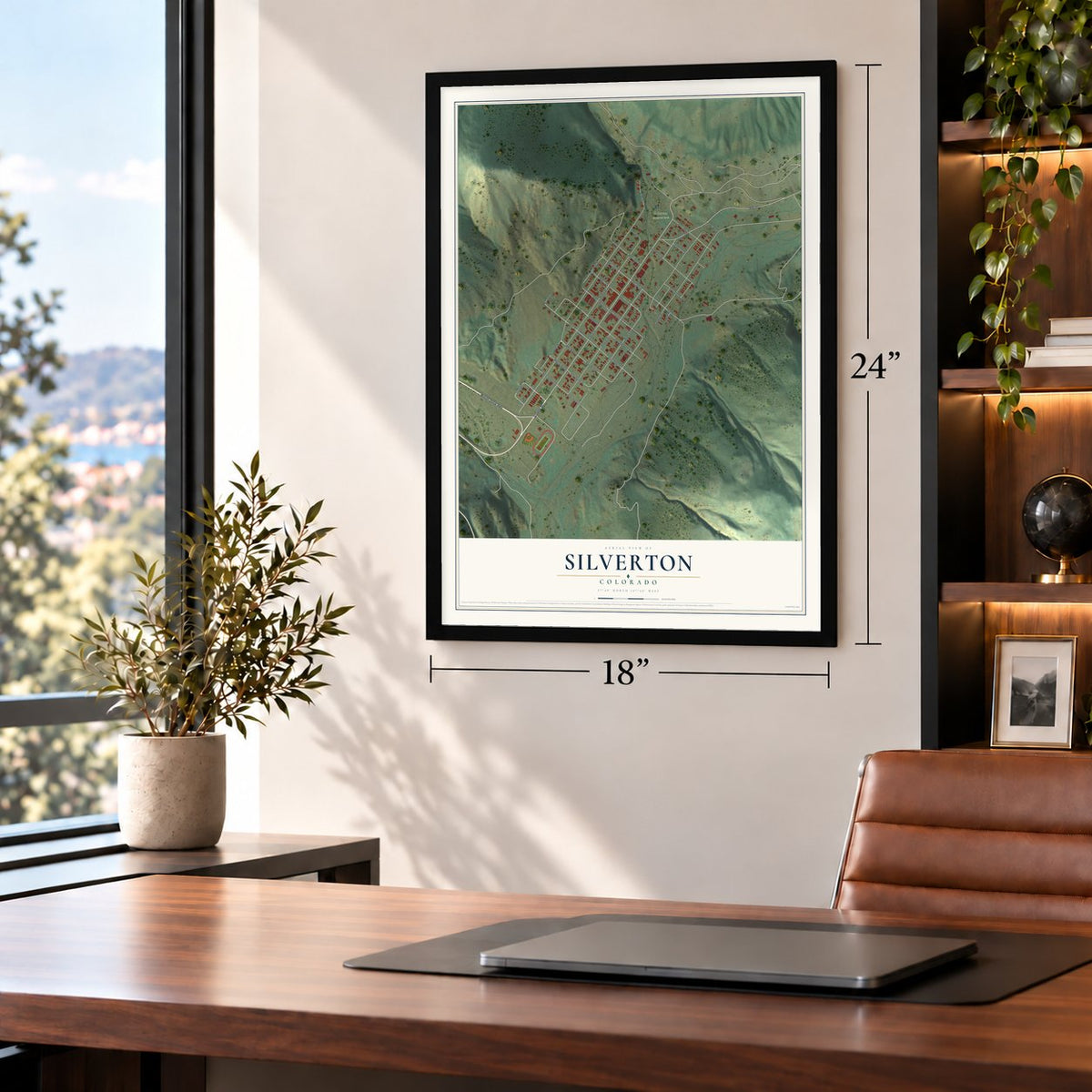 Silverton, Colorado map, 18 x 24 inch print in a black frame in a home office