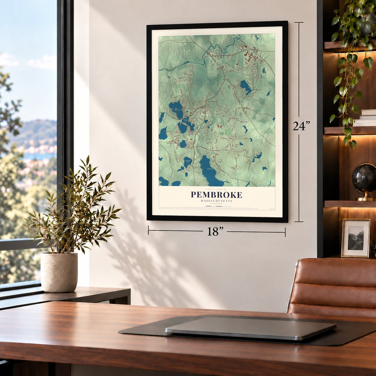 Pembroke, Massachusetts map, 18 x 24 inch print in a black frame in a home office