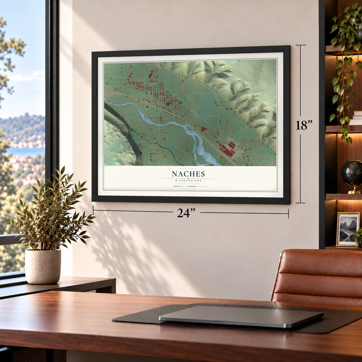 Naches, Washington map, 18 x 24 inch print in a black frame in a home office