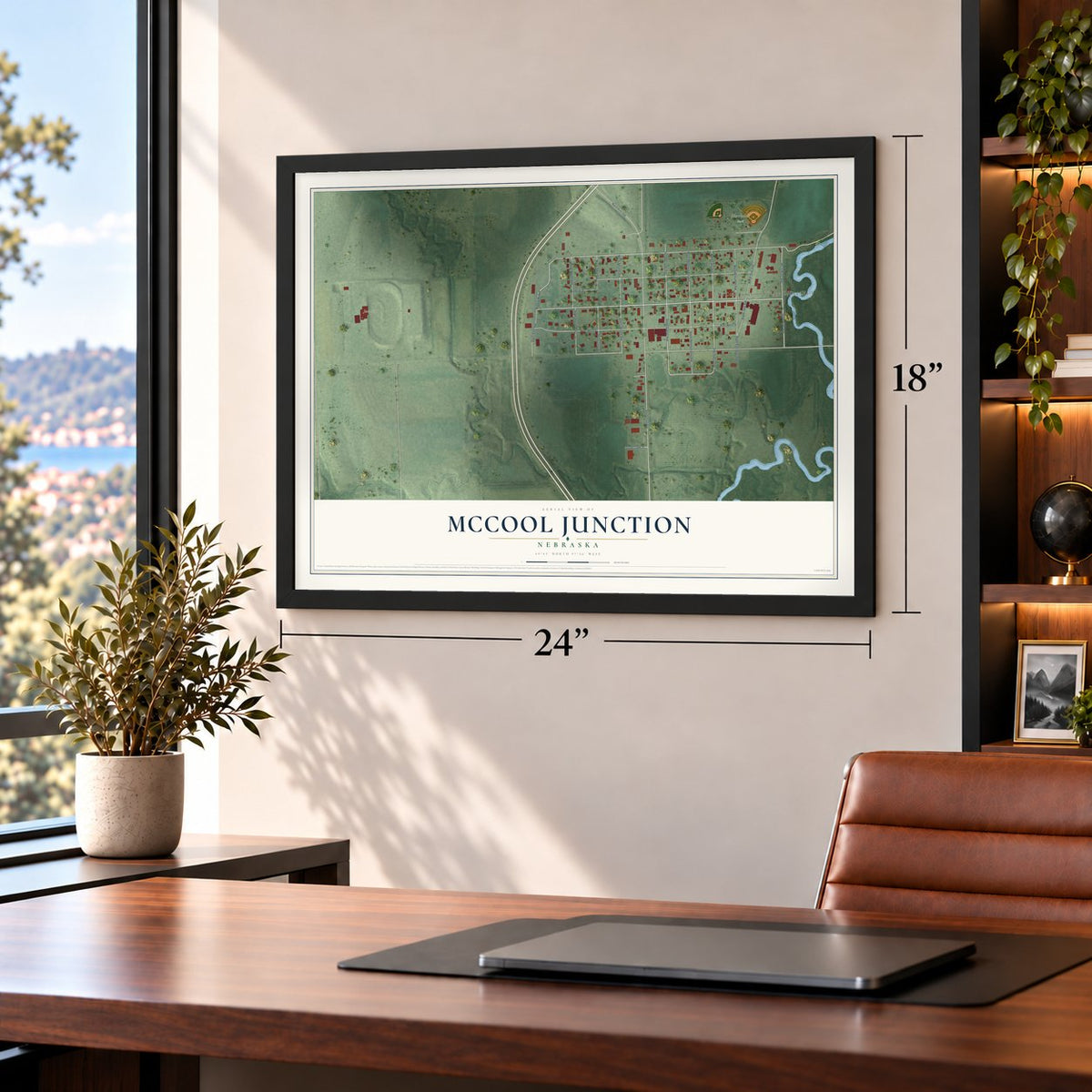 McCool Junction, Nebraska map, 18 x 24 inch print in a black frame in a home office
