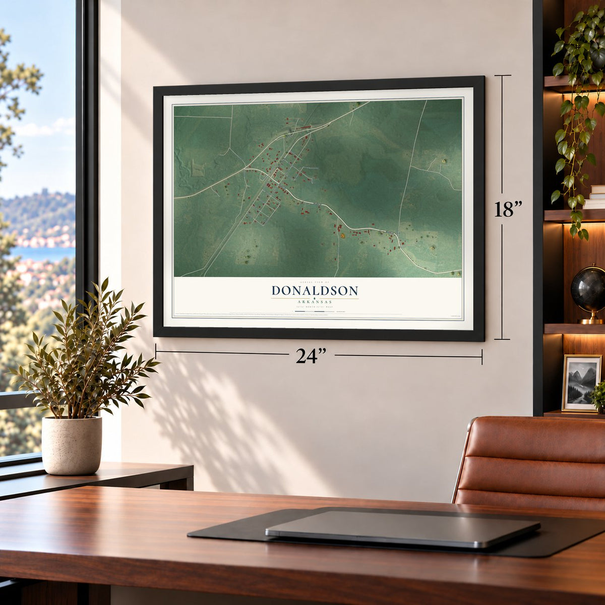 Donaldson, Arkansas map, 18 x 24 inch print in a black frame in a home office