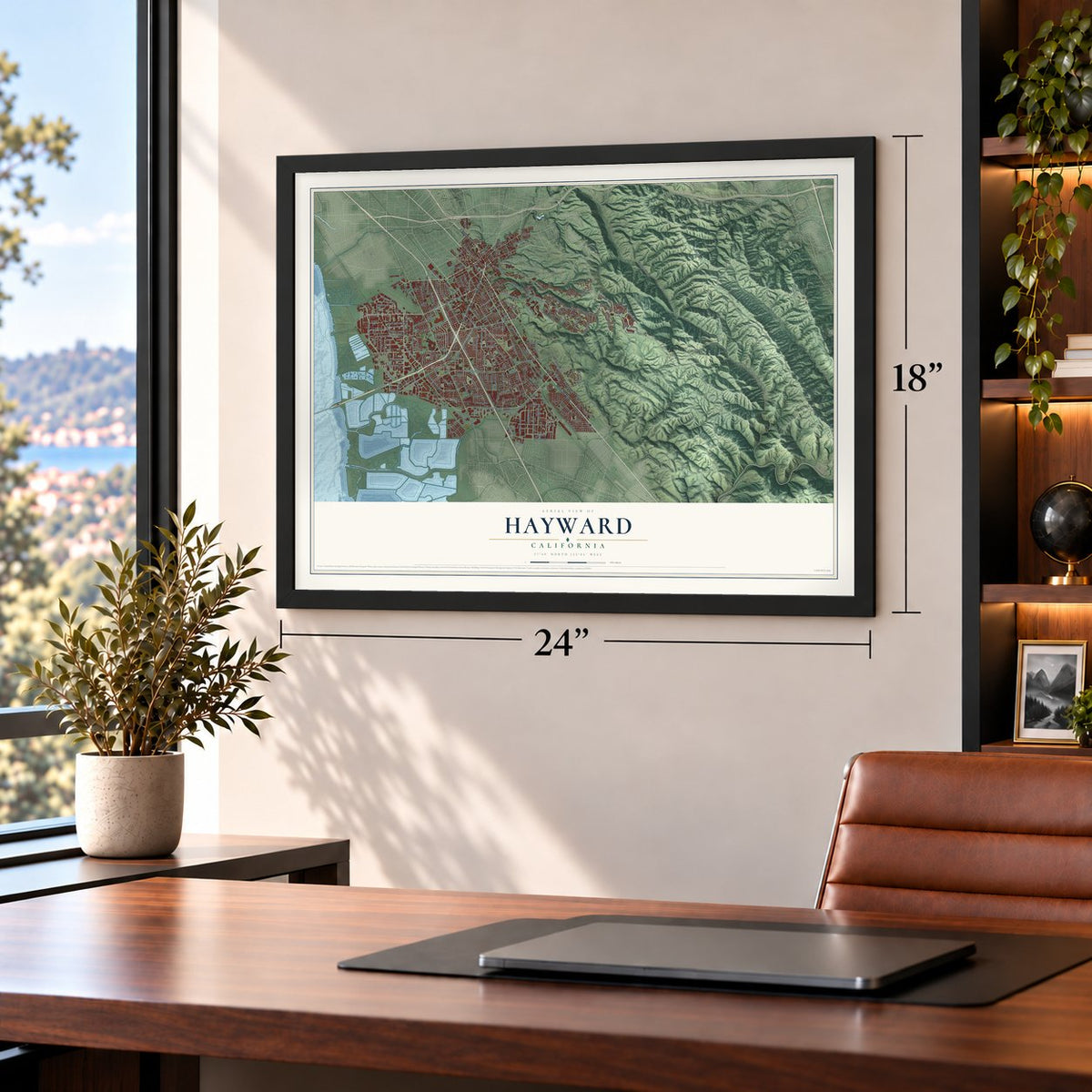 Hayward, California map, 18 x 24 inch print in a black frame in a home office