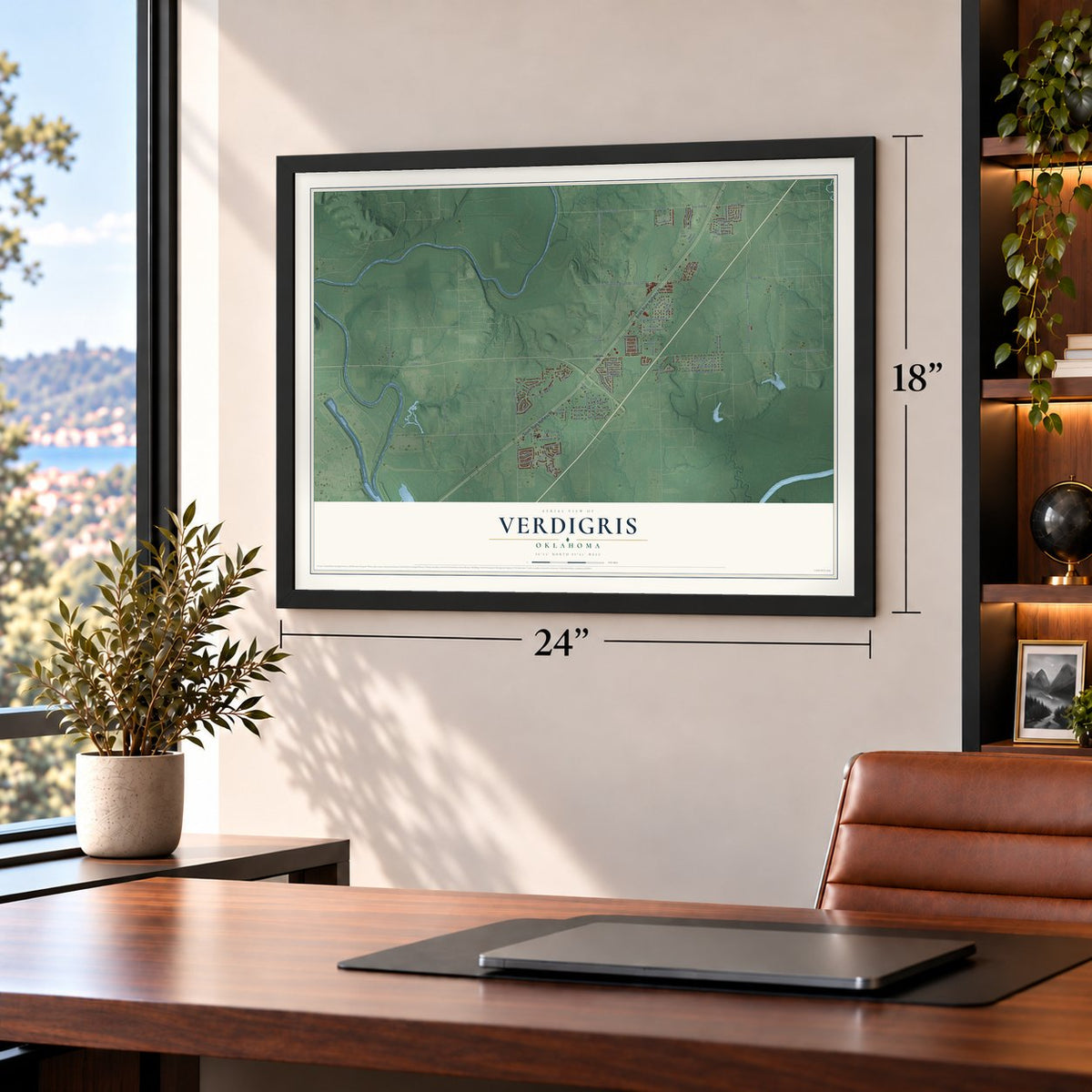 Verdigris, Oklahoma map, 18 x 24 inch print in a black frame in a home office