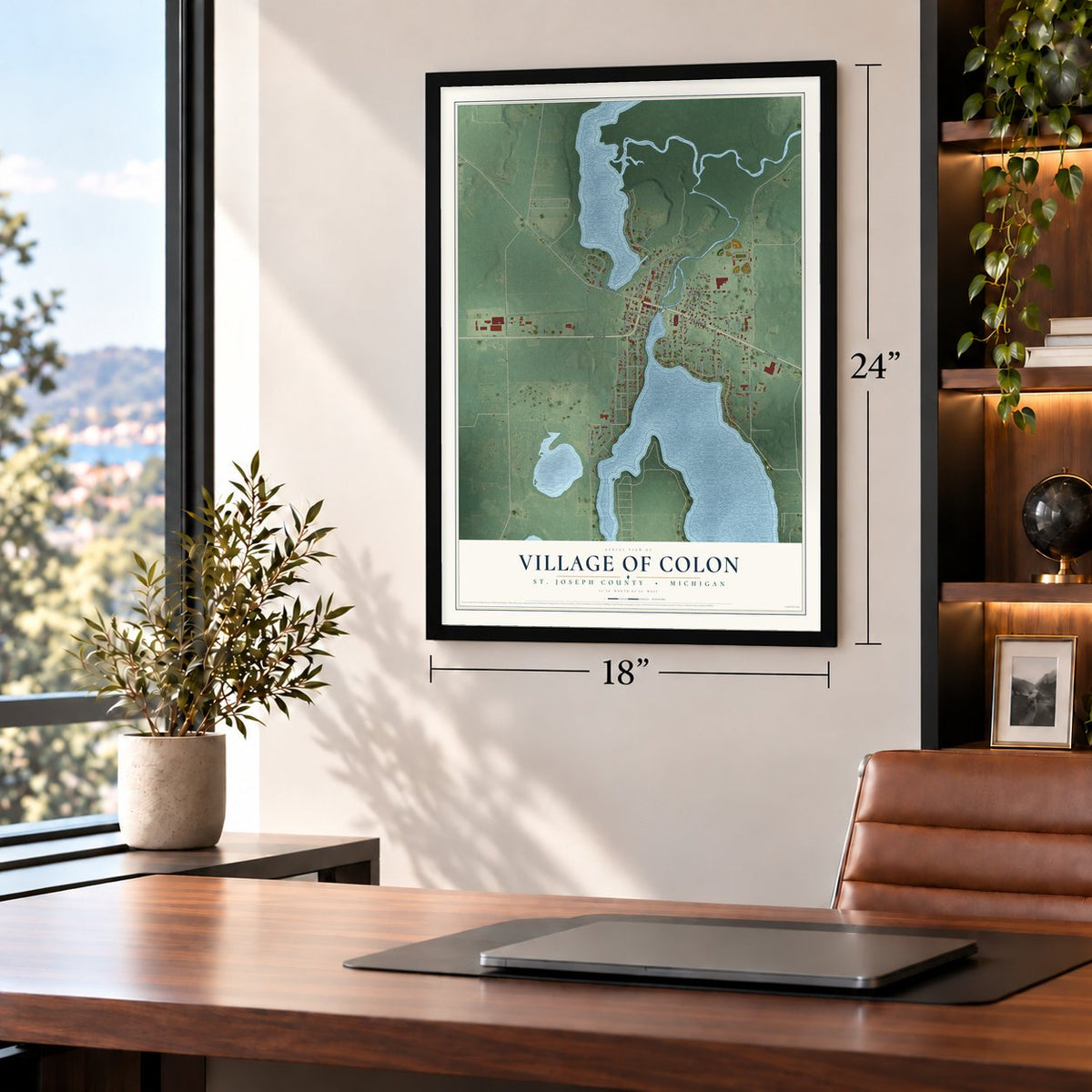 Colon, Michigan map, 18 x 24 inch print in a black frame in a home office