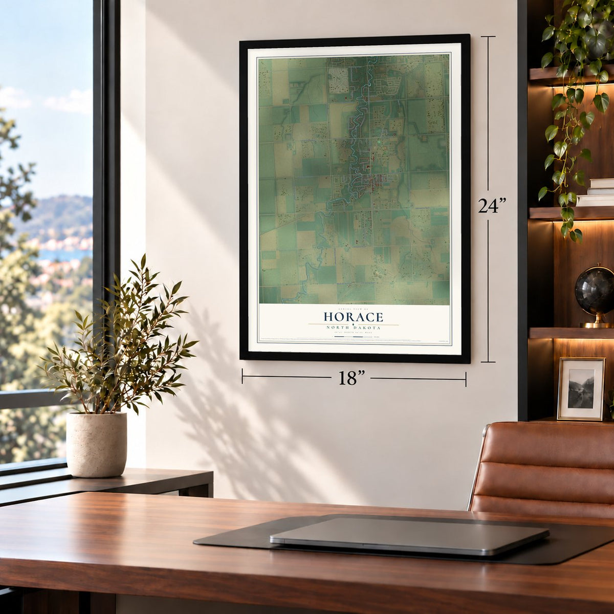 Horace, North Dakota map, 18 x 24 inch print in a black frame in a home office