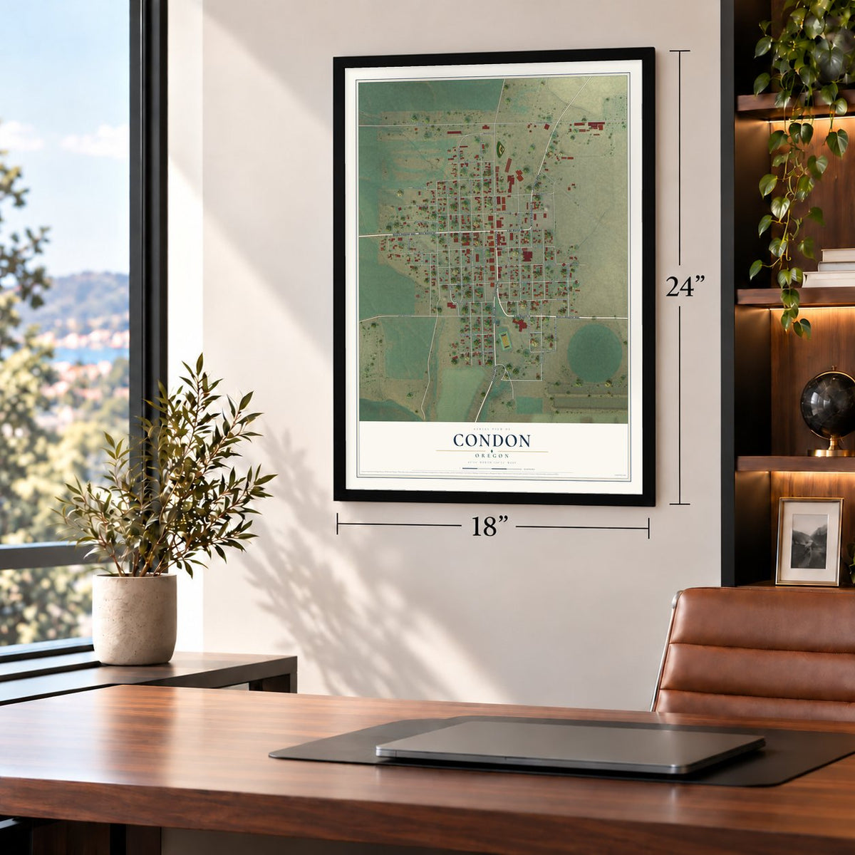 Condon, Oregon map, 18 x 24 inch print in a black frame in a home office