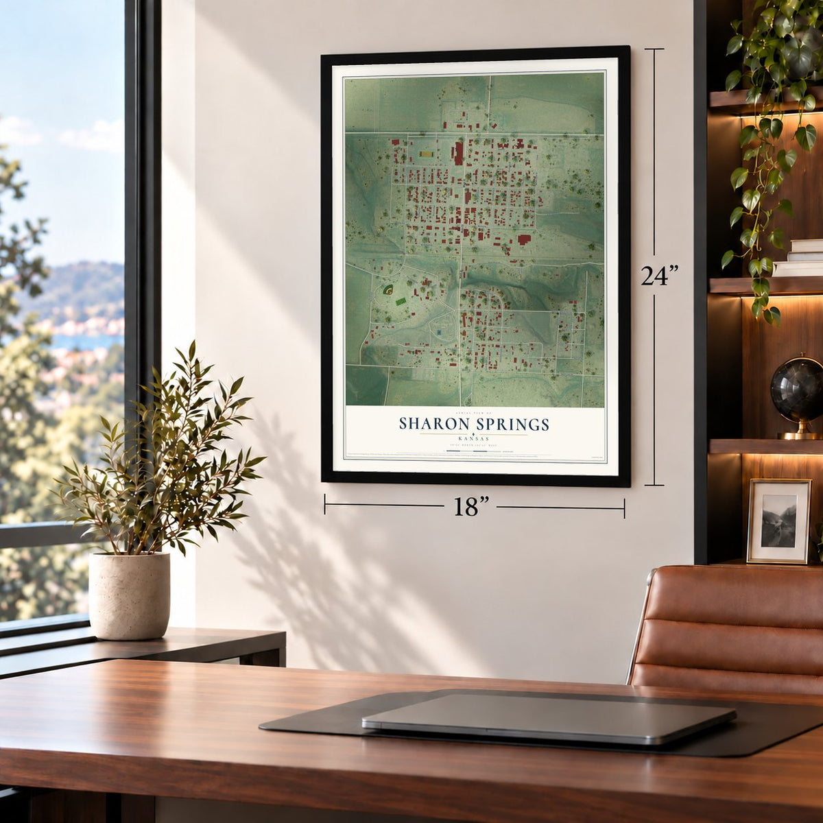 Sharon Springs, Kansas map, 18 x 24 inch print in a black frame in a home office