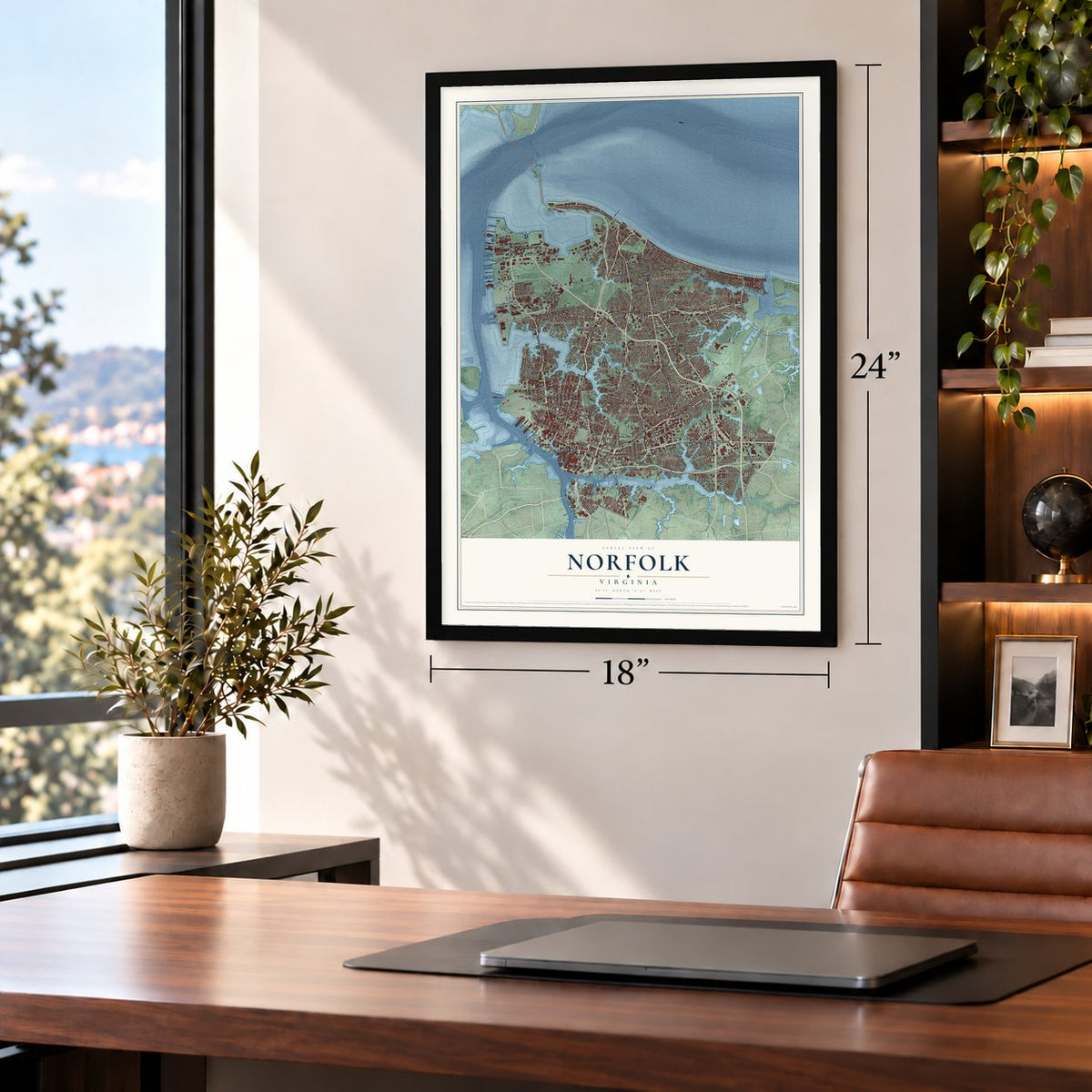Norfolk, Virginia map, 18 x 24 inch print in a black frame in a home office