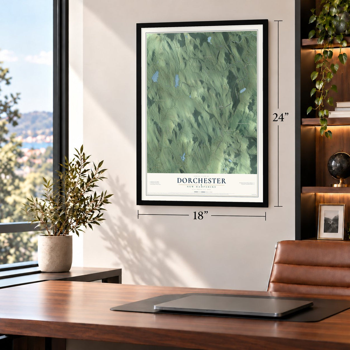 Dorchester, New Hampshire map, 18 x 24 inch print in a black frame in a home office