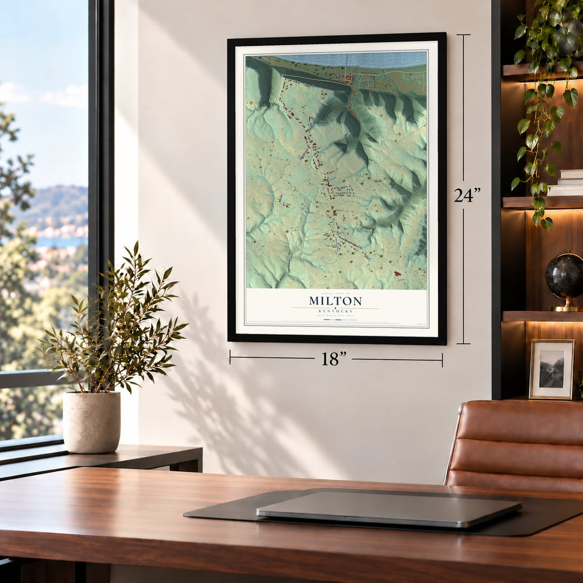Milton, Kentucky map, 18 x 24 inch print in a black frame in a home office