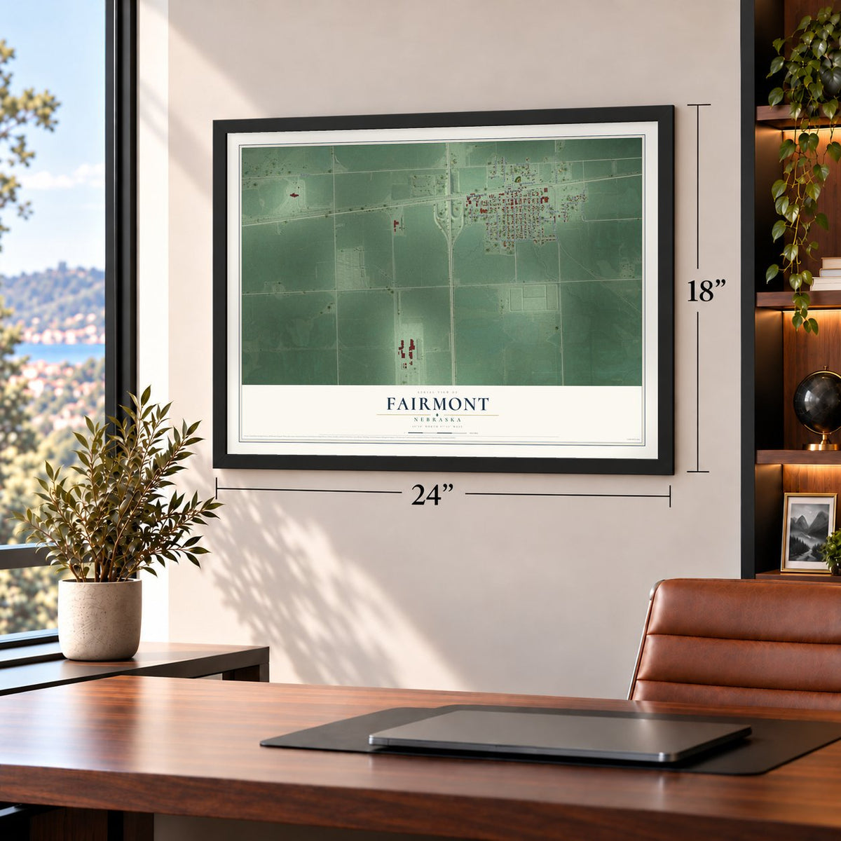 Fairmont, Nebraska map, 18 x 24 inch print in a black frame in a home office