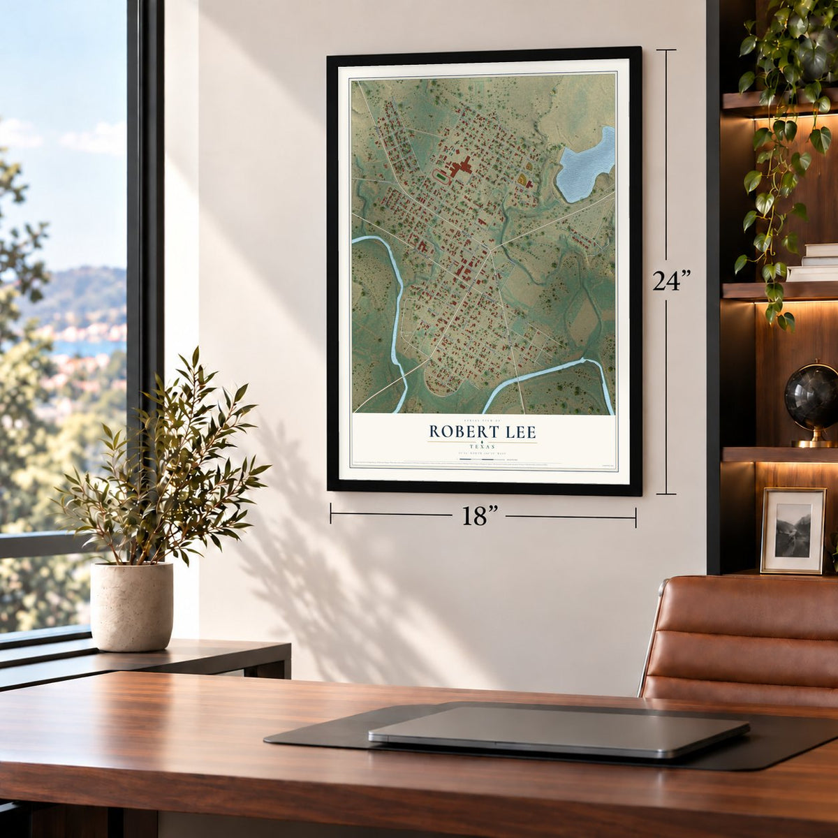 Robert Lee, Texas map, 18 x 24 inch print in a black frame in a home office