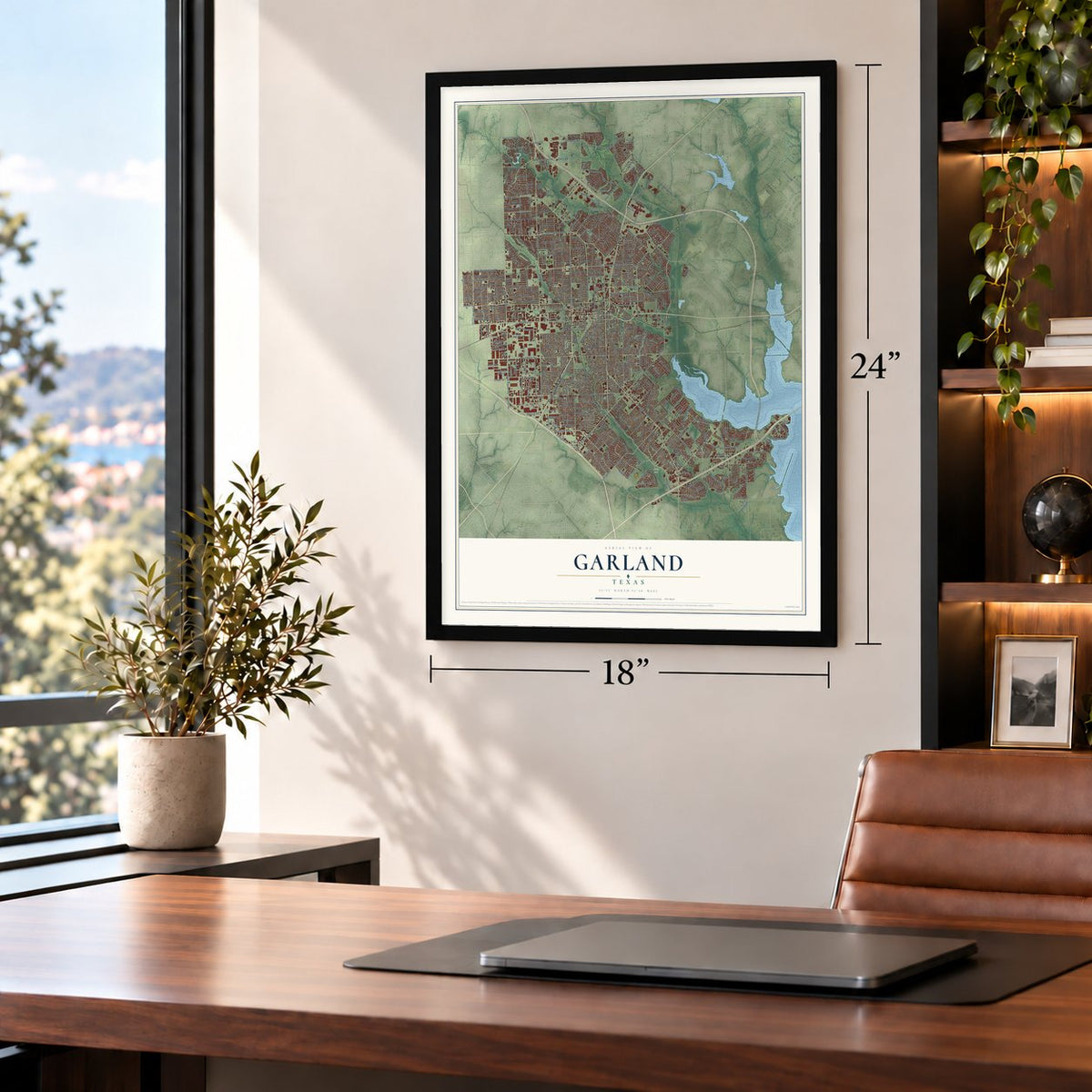 Garland, Texas map, 18 x 24 inch print in a black frame in a home office