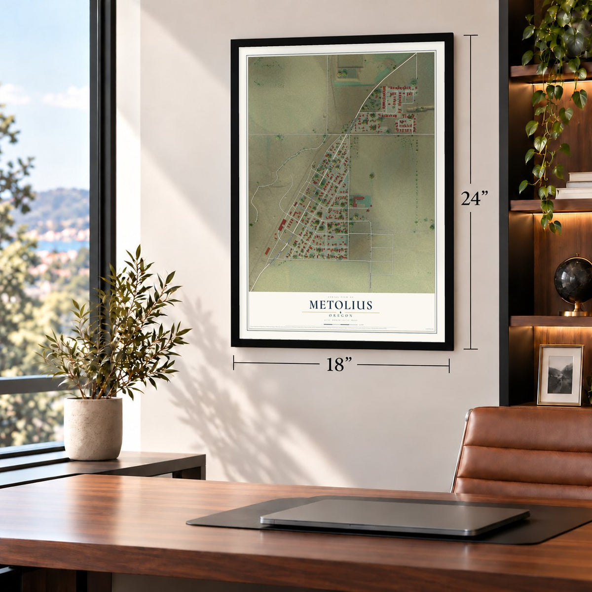 Metolius, Oregon map, 18 x 24 inch print in a black frame in a home office