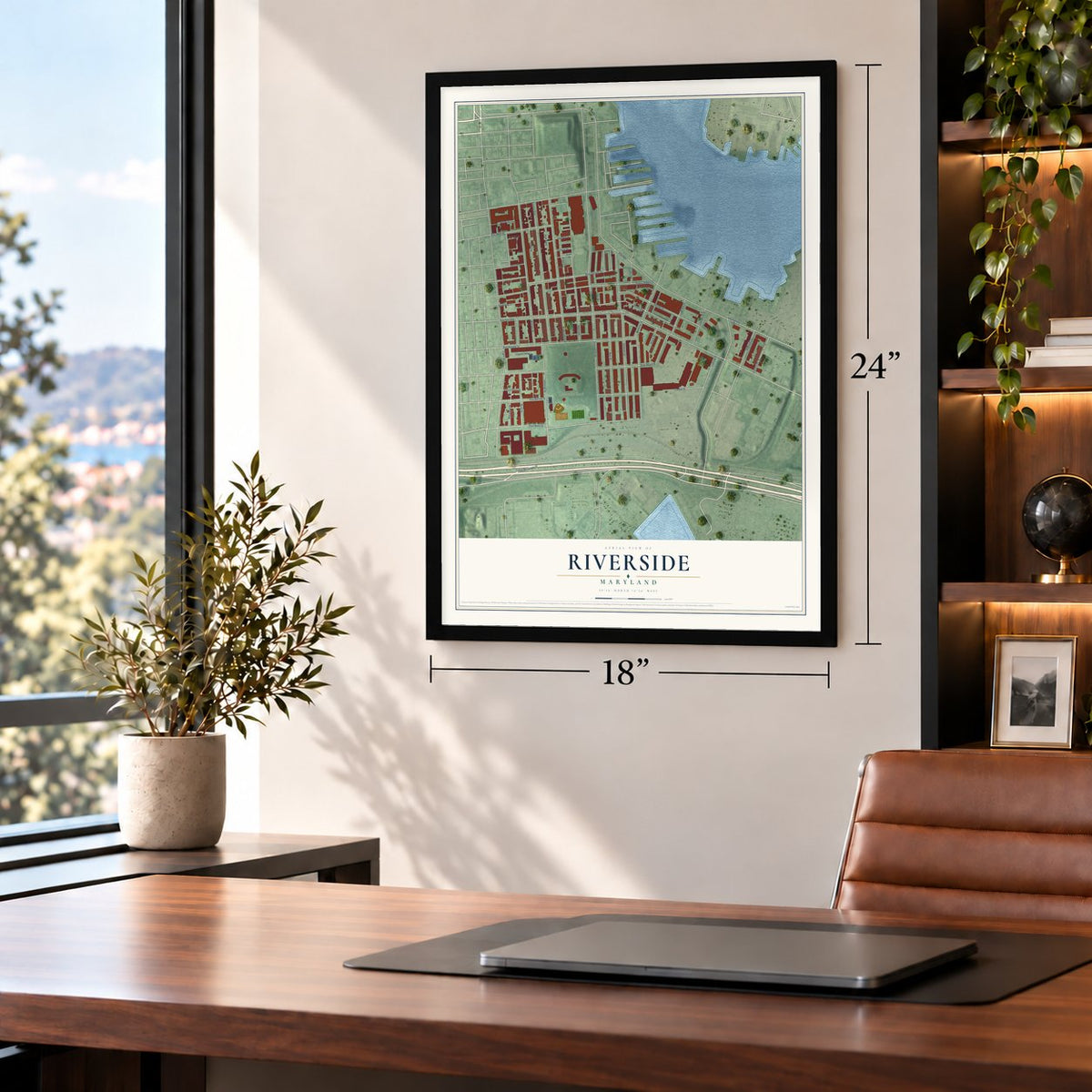 Riverside, Maryland map, 18 x 24 inch print in a black frame in a home office