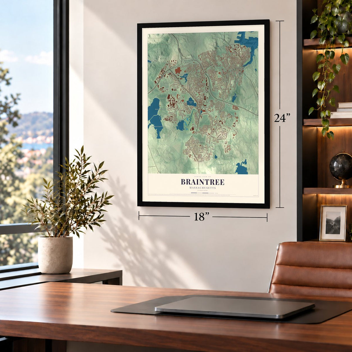 Braintree, Massachusetts map, 18 x 24 inch print in a black frame in a home office