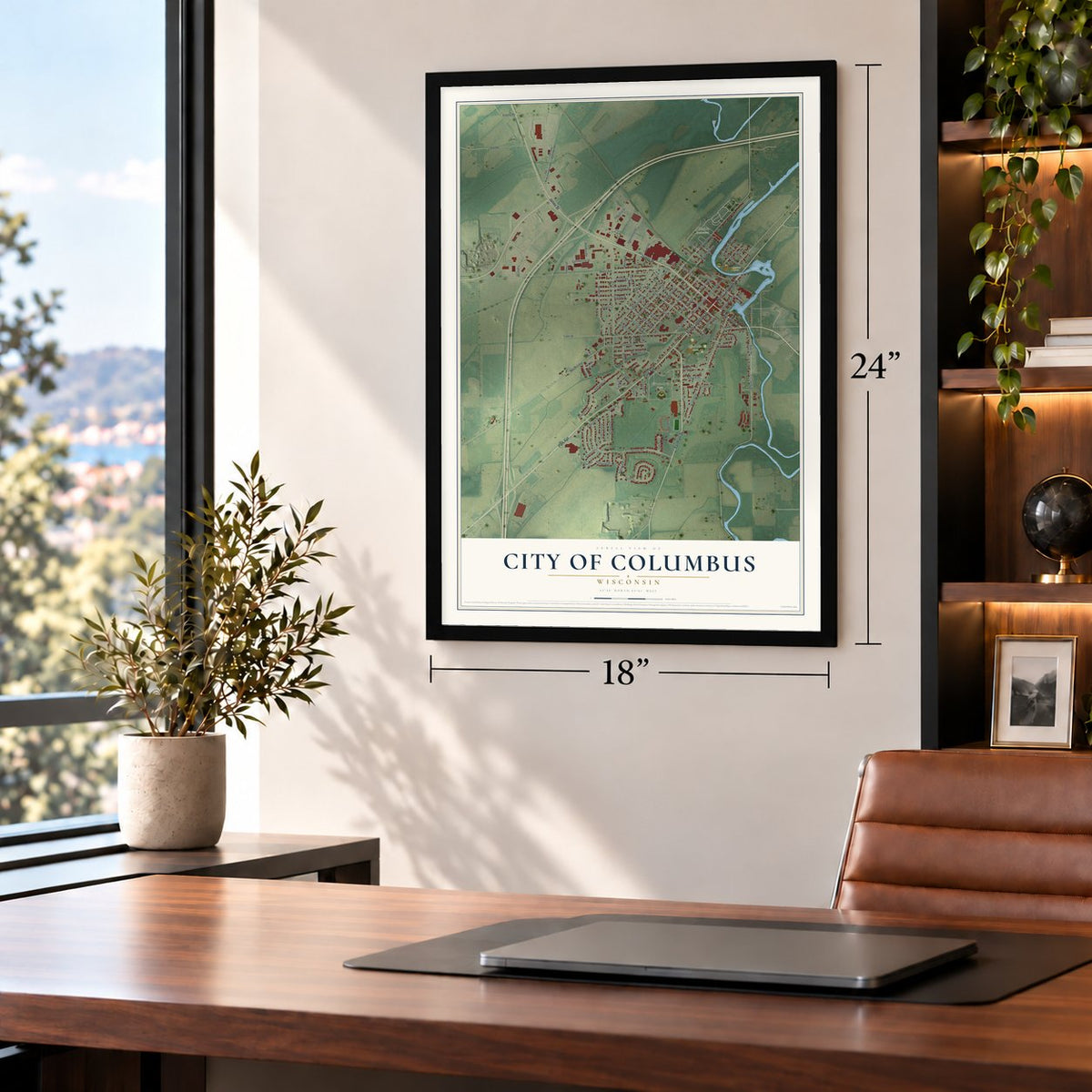 Columbus, Wisconsin map, 18 x 24 inch print in a black frame in a home office