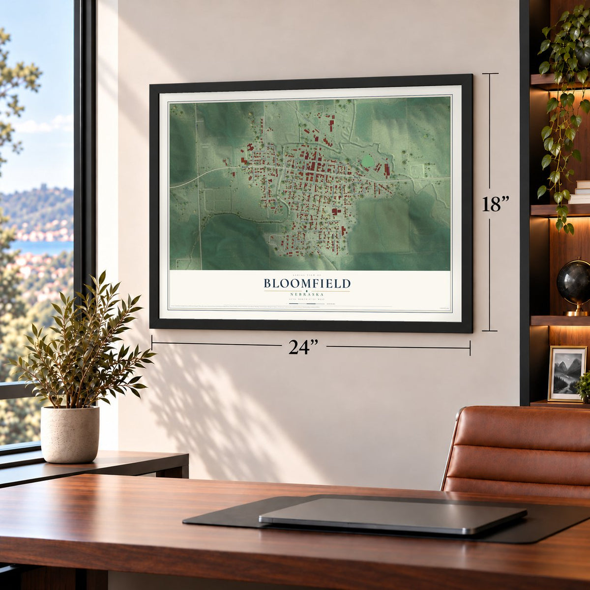 Bloomfield, Nebraska map, 18 x 24 inch print in a black frame in a home office