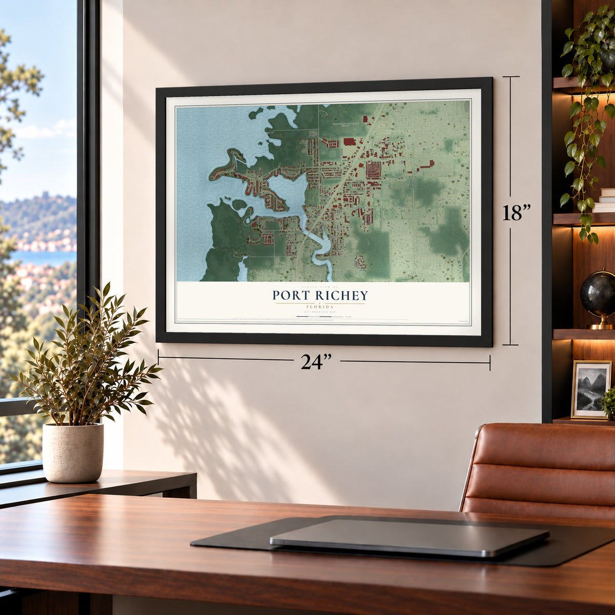 Port Richey, Florida map, 18 x 24 inch print in a black frame in a home office