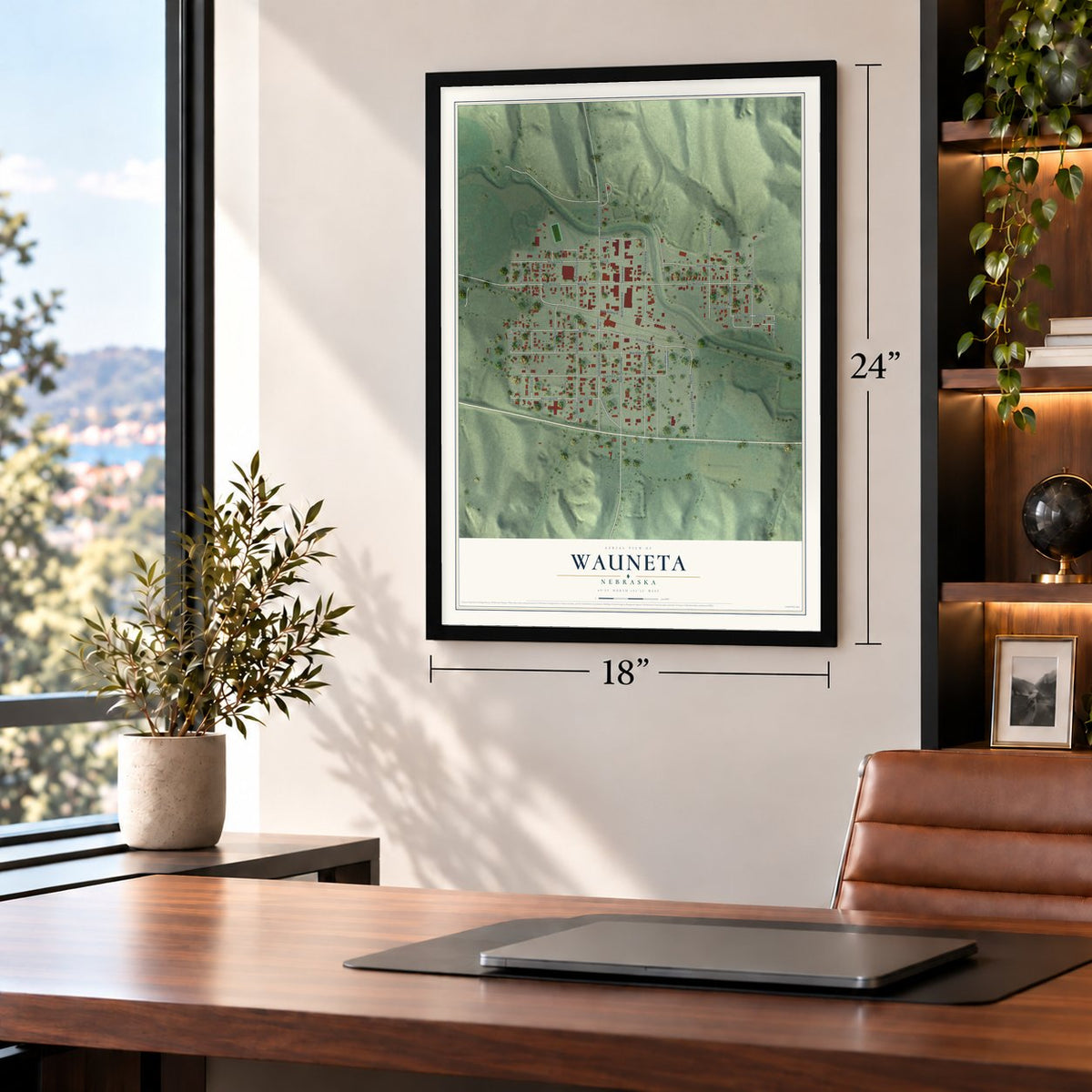 Wauneta, Nebraska map, 18 x 24 inch print in a black frame in a home office