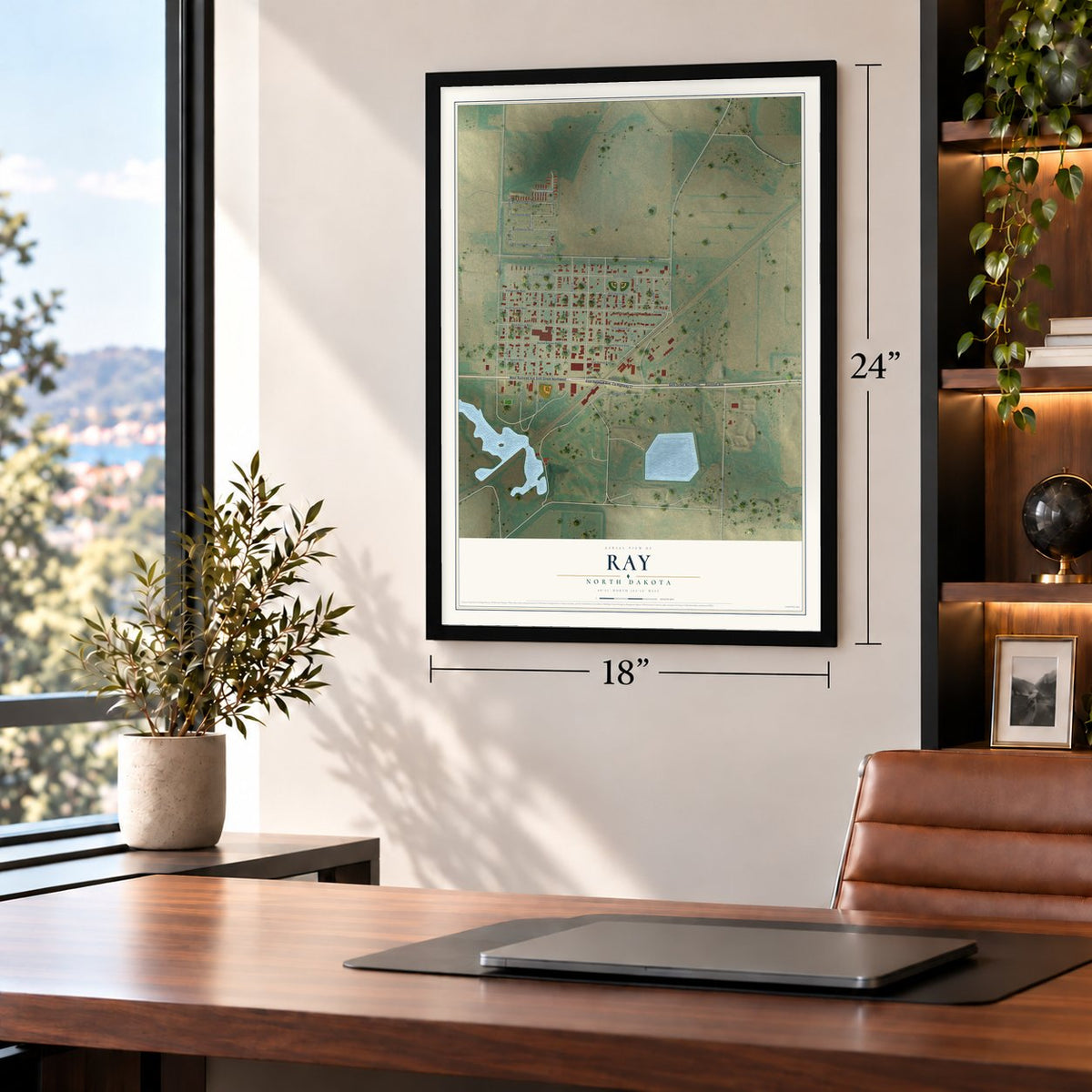 Ray, North Dakota map, 18 x 24 inch print in a black frame in a home office