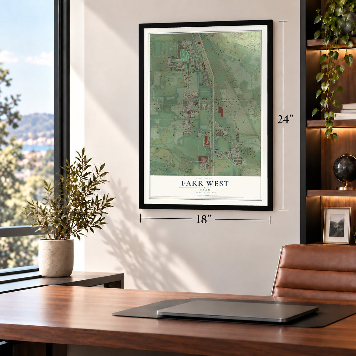 Farr West, Utah map, 18 x 24 inch print in a black frame in a home office