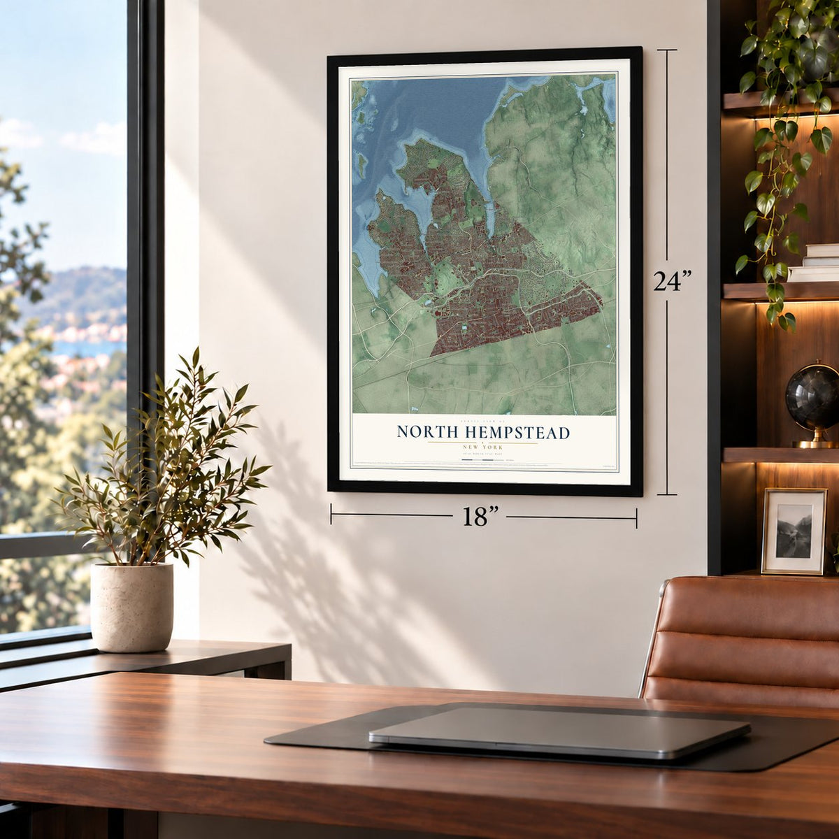 North Hempstead, New York map, 18 x 24 inch print in a black frame in a home office