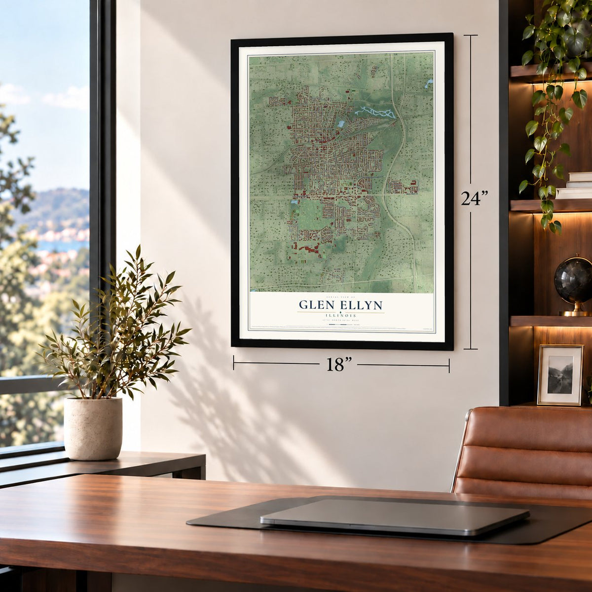 Glen Ellyn, Illinois map, 18 x 24 inch print in a black frame in a home office
