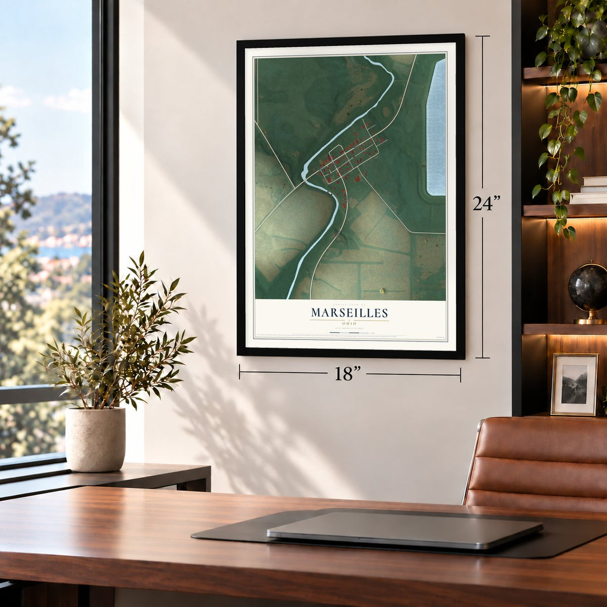 Marseilles, Ohio map, 18 x 24 inch print in a black frame in a home office