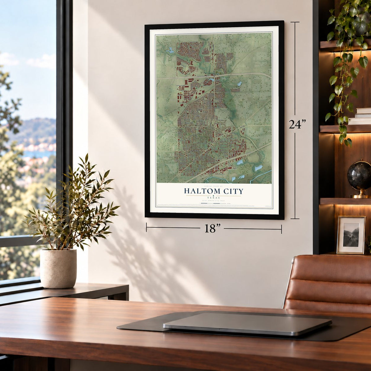 Haltom City, Texas map, 18 x 24 inch print in a black frame in a home office