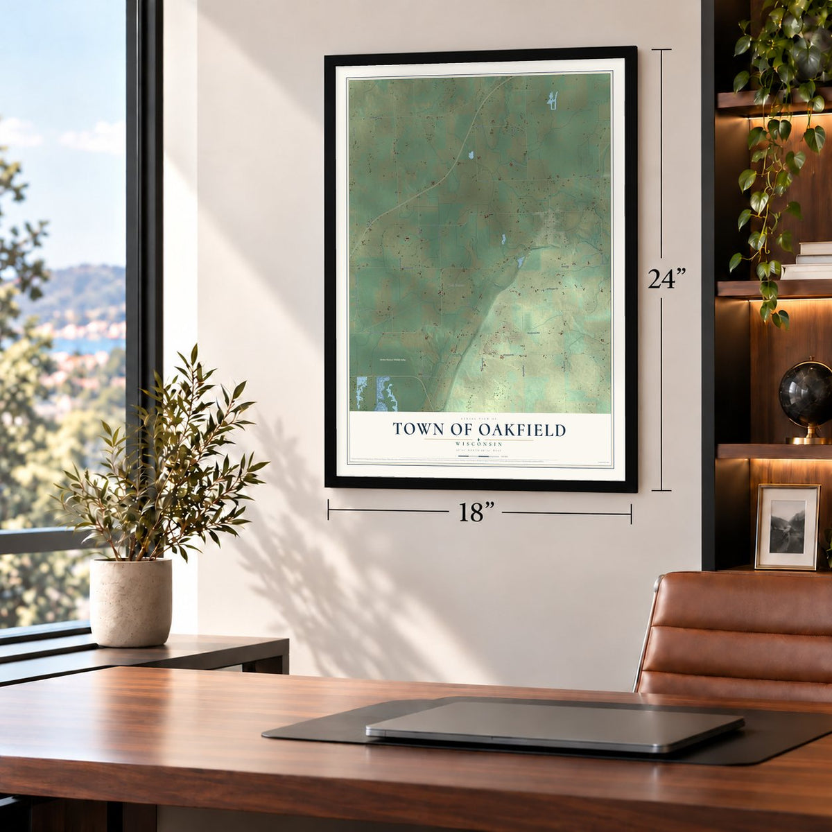 Town of Oakfield, Wisconsin map, 18 x 24 inch print in a black frame in a home office