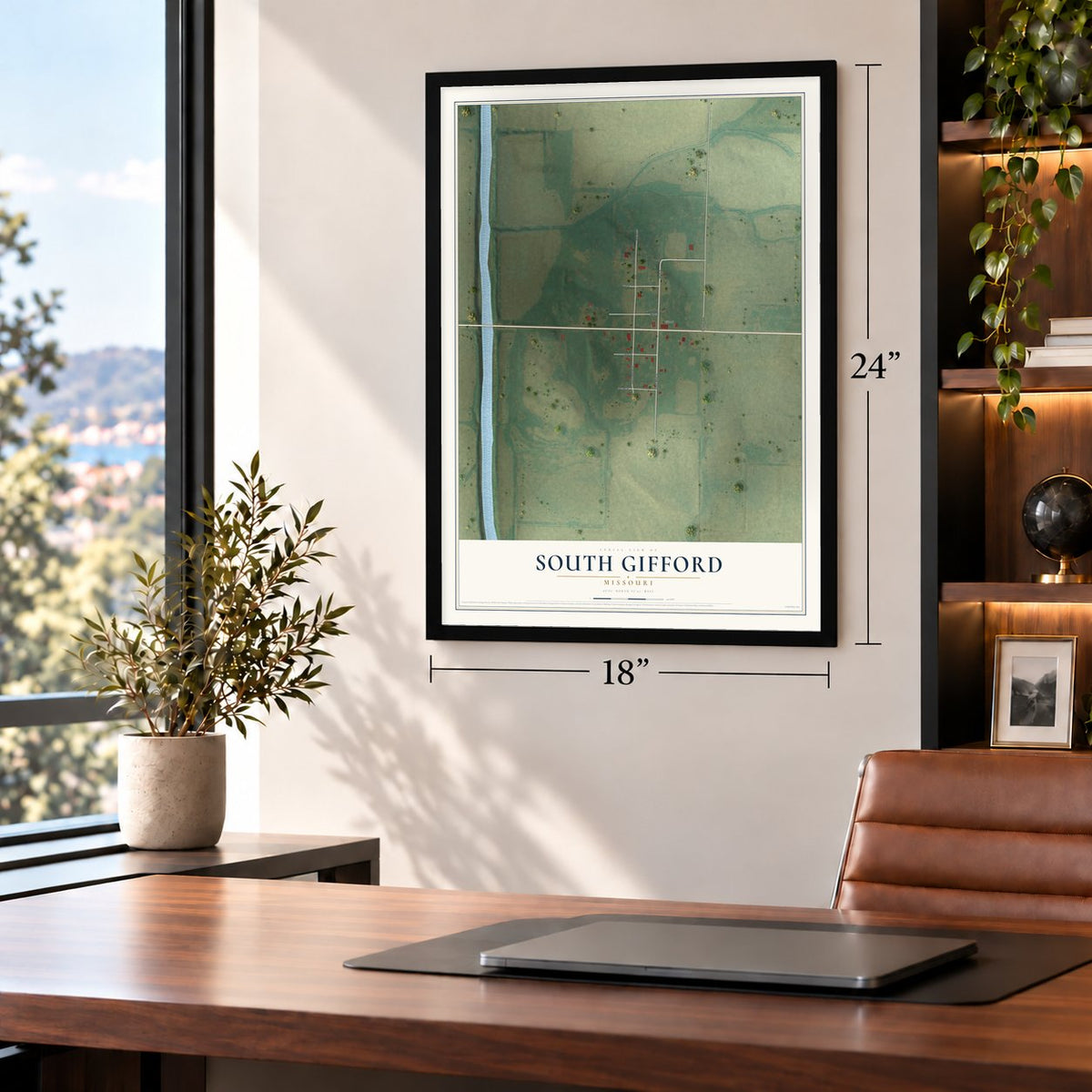 South Gifford, Missouri map, 18 x 24 inch print in a black frame in a home office