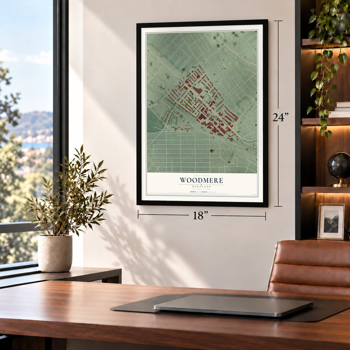 Woodmere, Maryland map, 18 x 24 inch print in a black frame in a home office